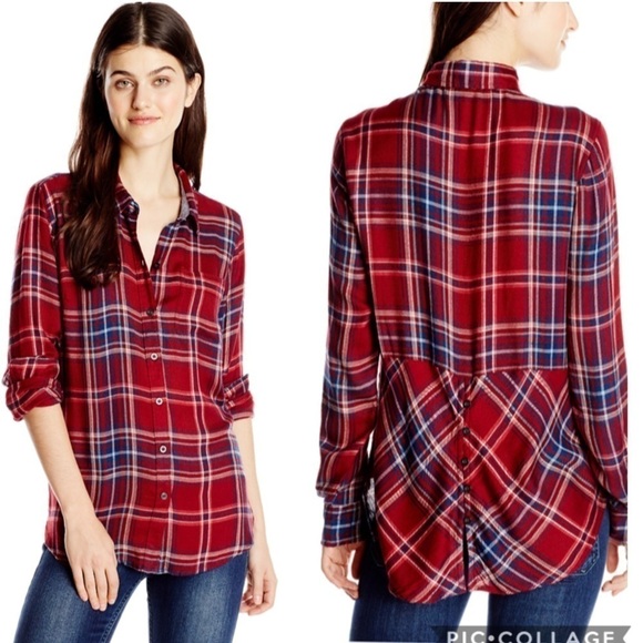 Lucky Brand Bungalow Plaid Red Blue and White Button Down Shirt back Vent Size L - Picture 1 of 8